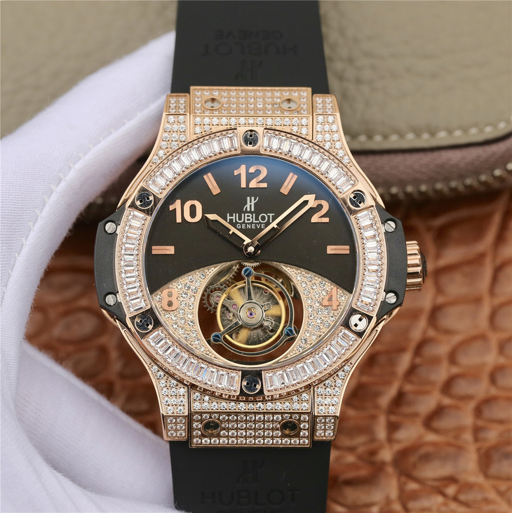 恆寶Hublot 宇舶大爆炸繫列真陀飛輪鉆石版 橡膠錶帶 手動縷空頂級雕花真飛輪機芯 男士腕錶￥5880-C廠勞力士價格,Clean廠迪通拿手錶