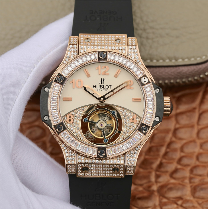 恆寶Hublot 宇舶大爆炸繫列真陀飛輪鉆石版 橡膠錶帶 手動縷空頂級雕花真飛輪機芯 男士腕錶￥6880-C廠勞力士價格,Clean廠迪通拿手錶