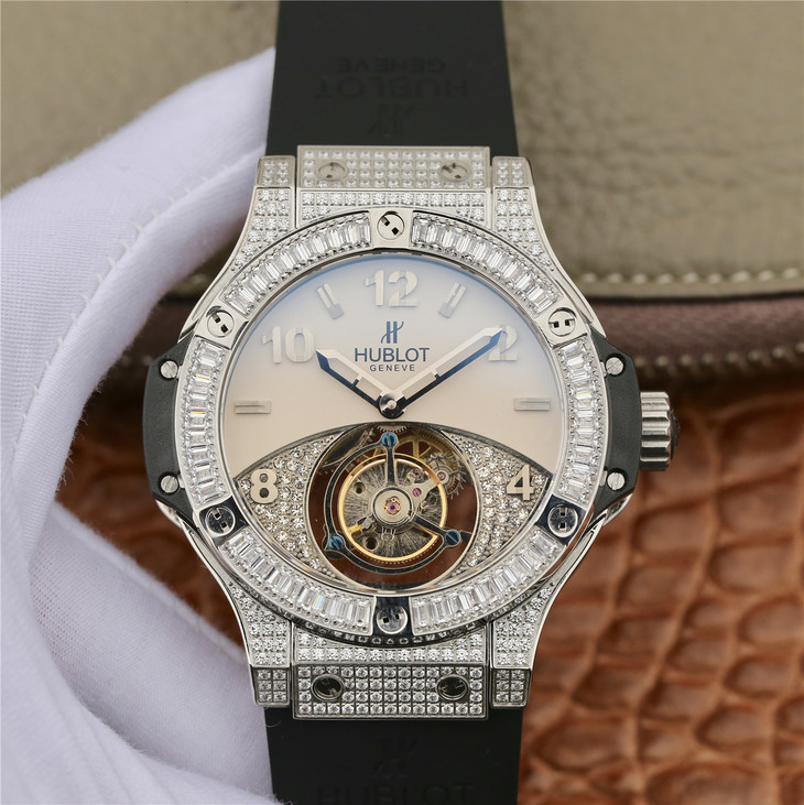 恆寶Hublot 宇舶大爆炸繫列真陀飛輪鉆石版 橡膠錶帶 手動縷空頂級雕花真飛輪機芯 男士腕錶￥6880-C廠勞力士價格,Clean廠迪通拿手錶